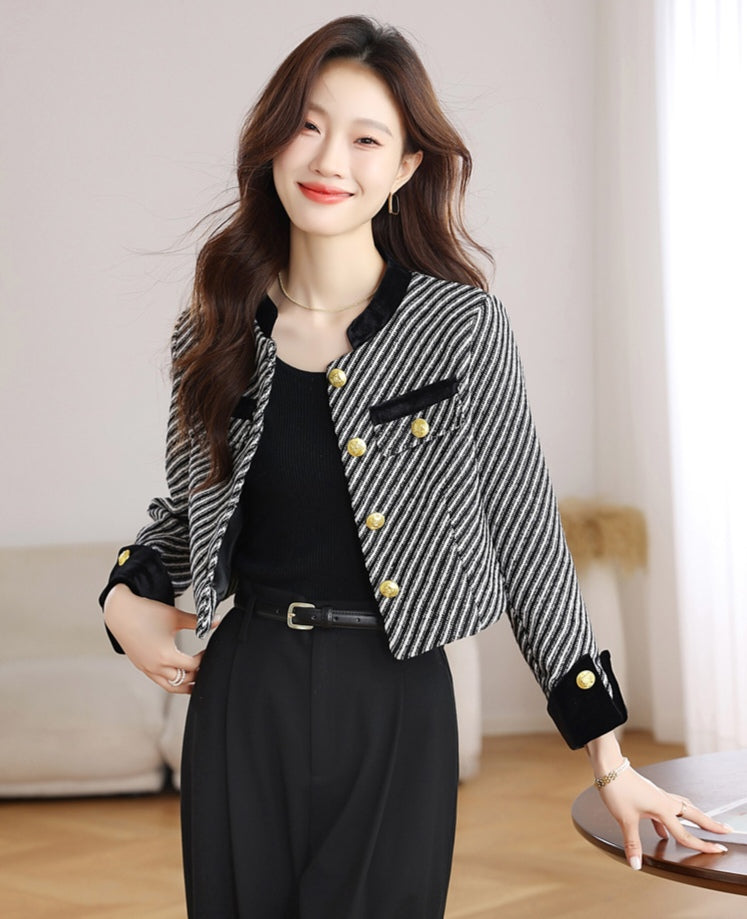 Black and White Tweed Office Blazer - Ladies' Cropped Coat with Velvet Cuffs