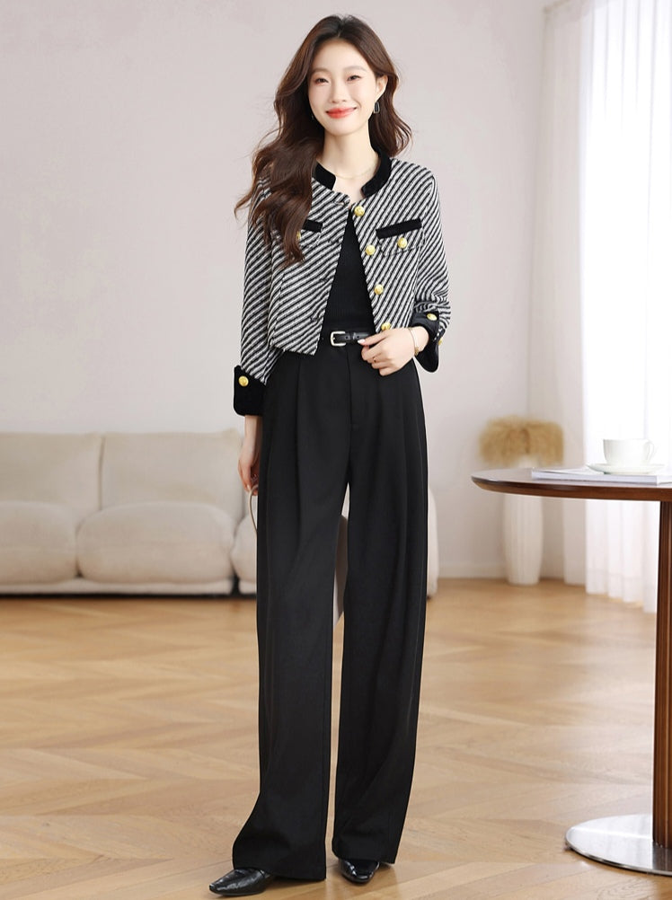Black and White Tweed Office Blazer - Ladies' Cropped Coat with Velvet Cuffs