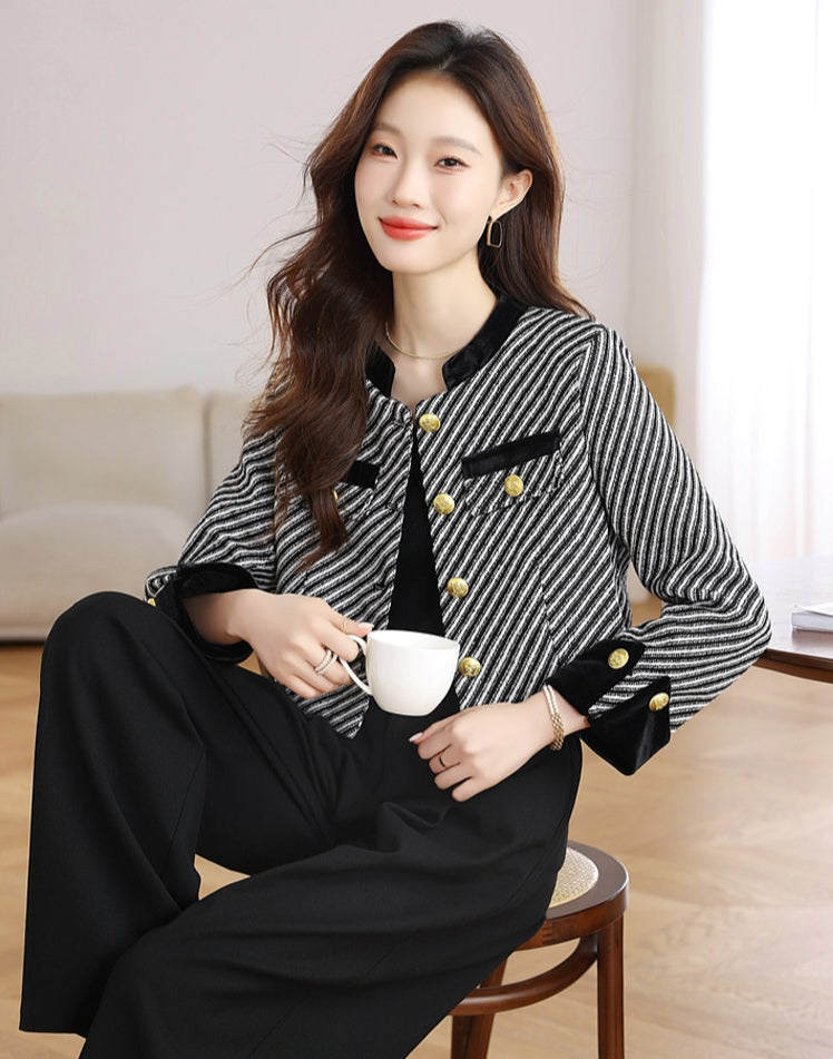 Black and White Tweed Office Blazer - Ladies' Cropped Coat with Velvet Cuffs