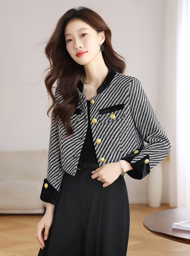 Black and White Tweed Office Blazer - Ladies' Cropped Coat with Velvet Cuffs