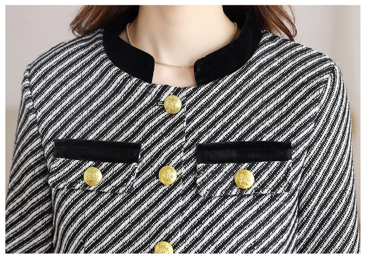 Black and White Tweed Office Blazer - Ladies' Cropped Coat with Velvet Cuffs