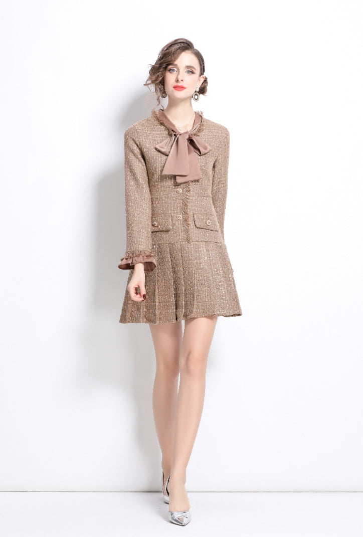 Brown Colour Long Sleeve Pleated Mini Cotton Tweed Dress
