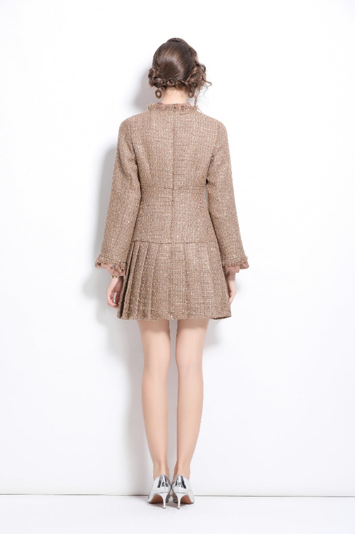 Brown Colour Long Sleeve Pleated Mini Cotton Tweed Dress