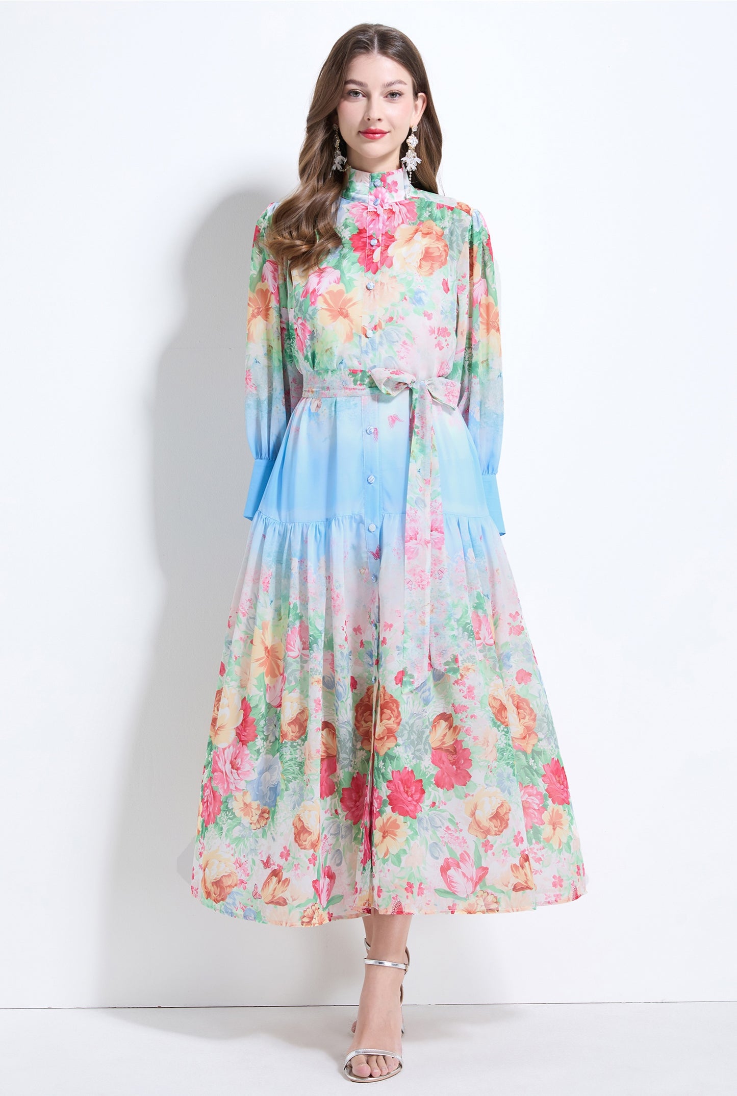 Blue Floral Long-sleeve Chiffon Dress