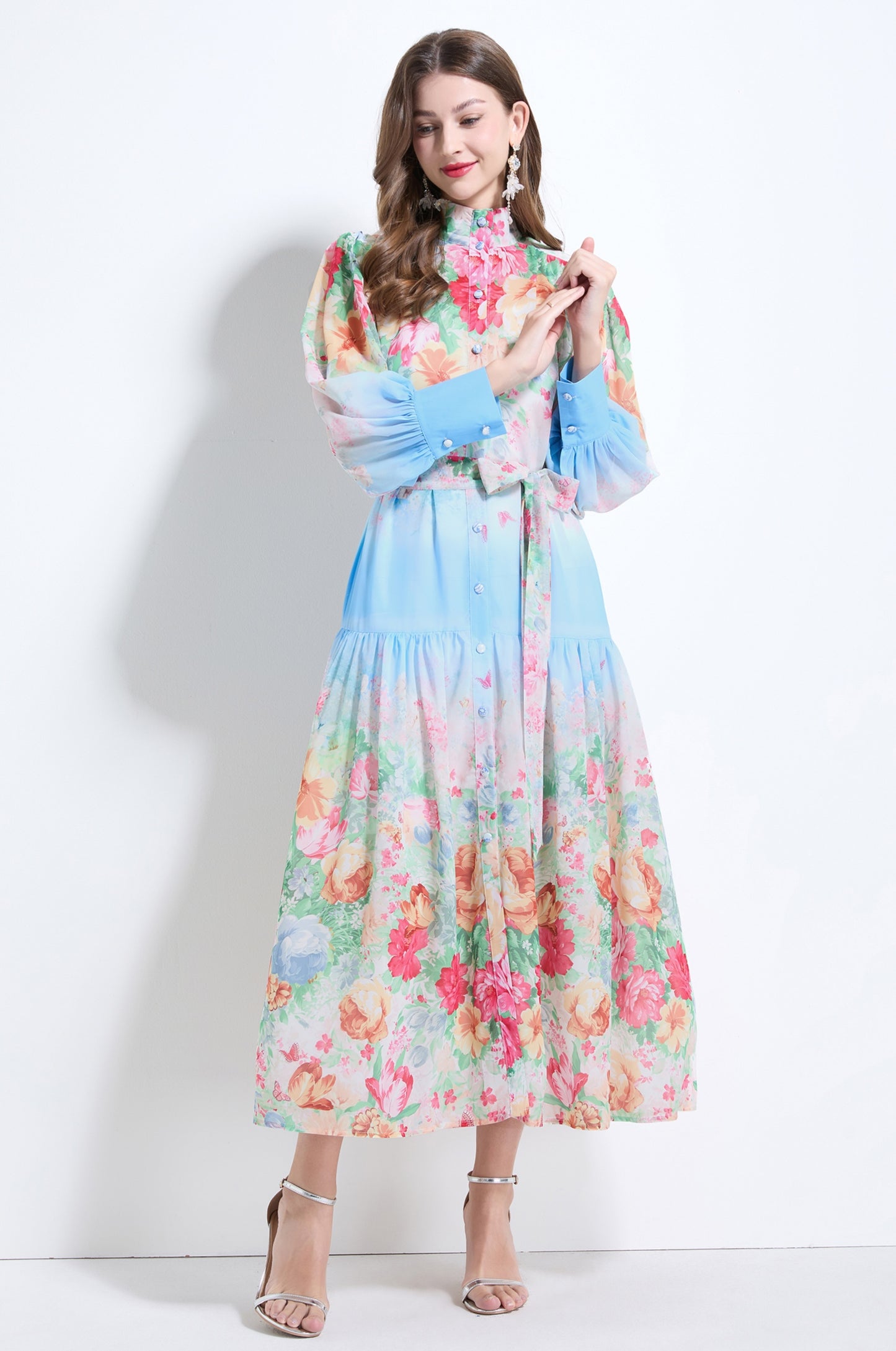 Blue Floral Long-sleeve Chiffon Dress