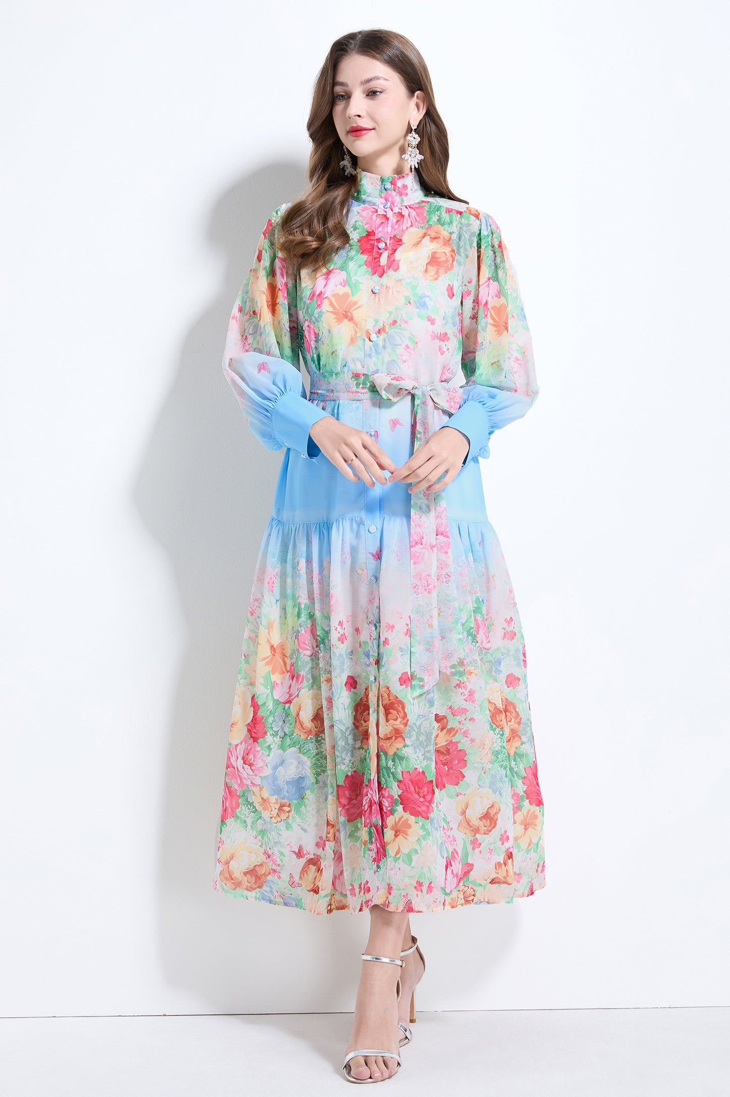 Blue Floral Long-sleeve Chiffon Dress