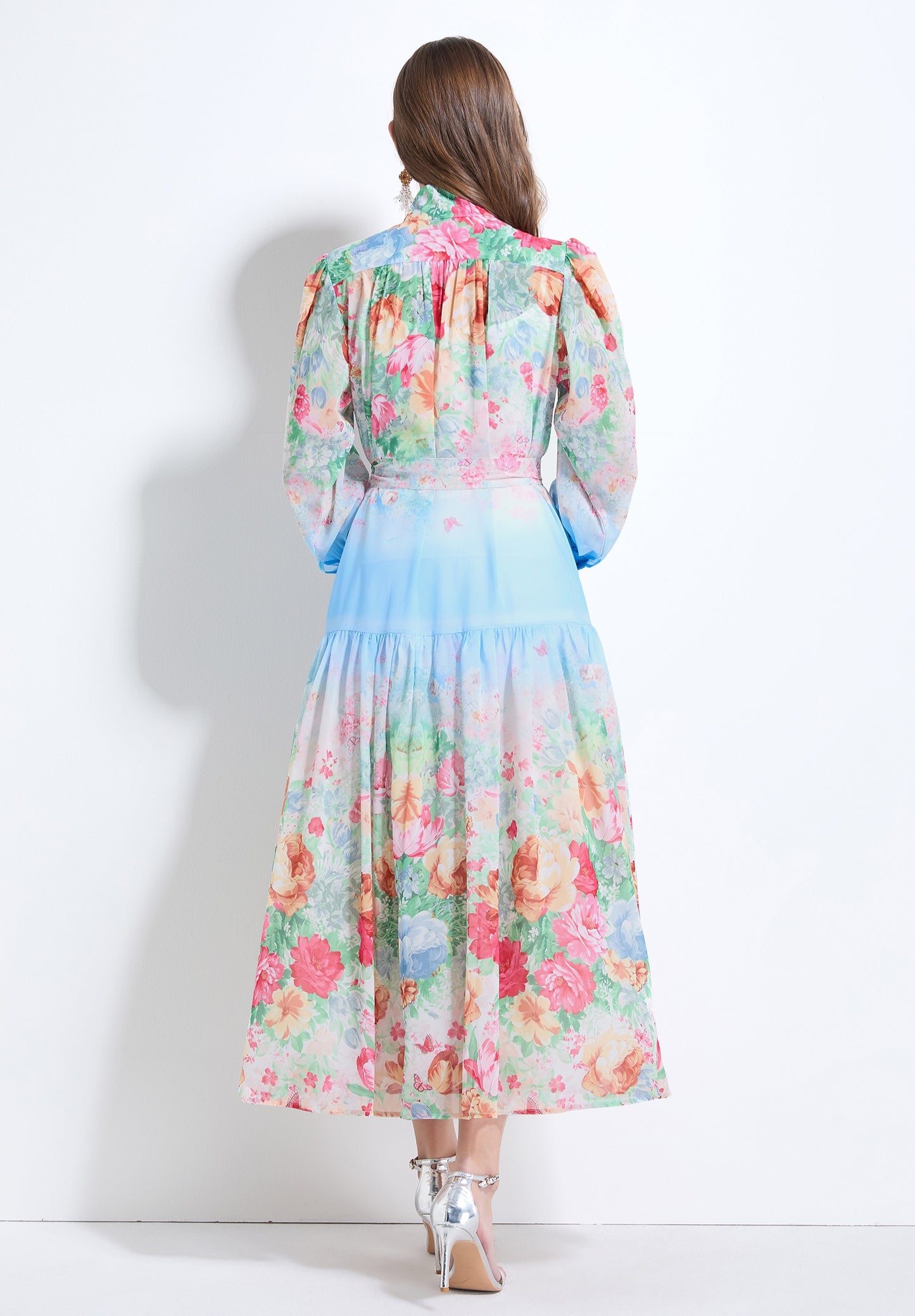 Blue Floral Long-sleeve Chiffon Dress