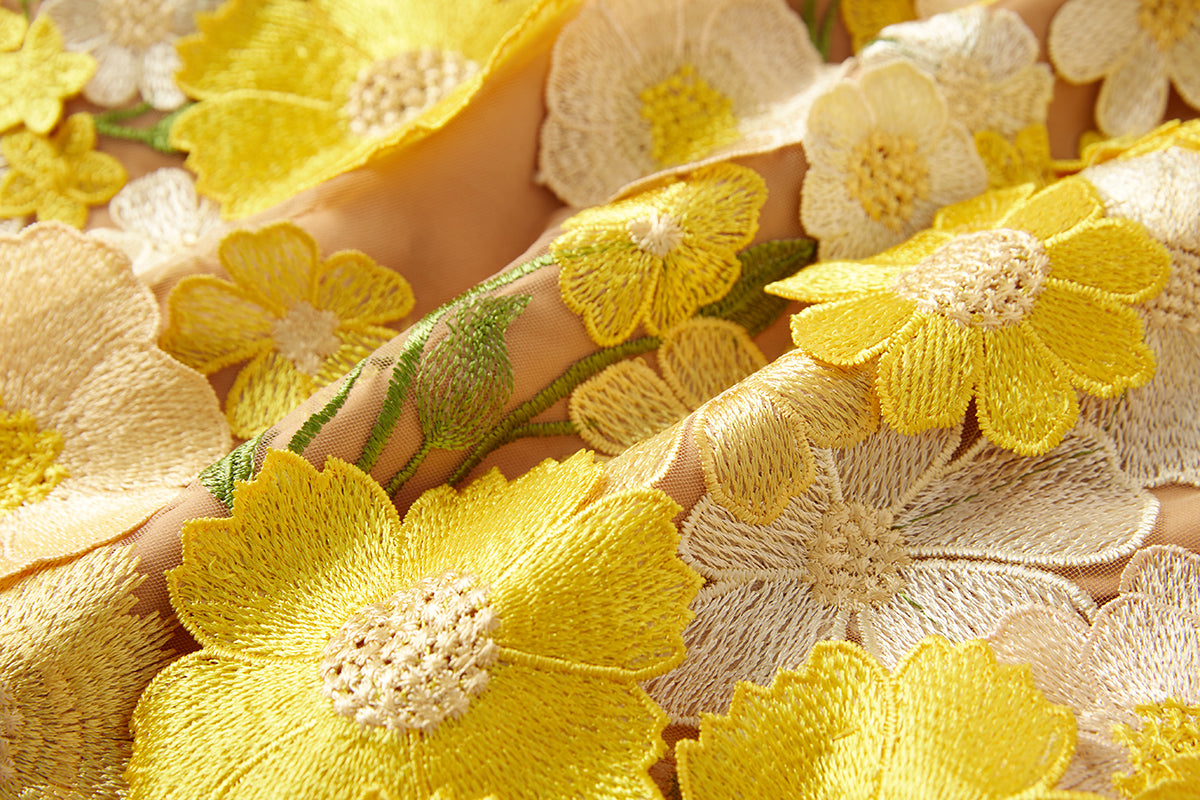 Yellow Flower Embroidery Asymmetrical Off Shoulders Evening Dress