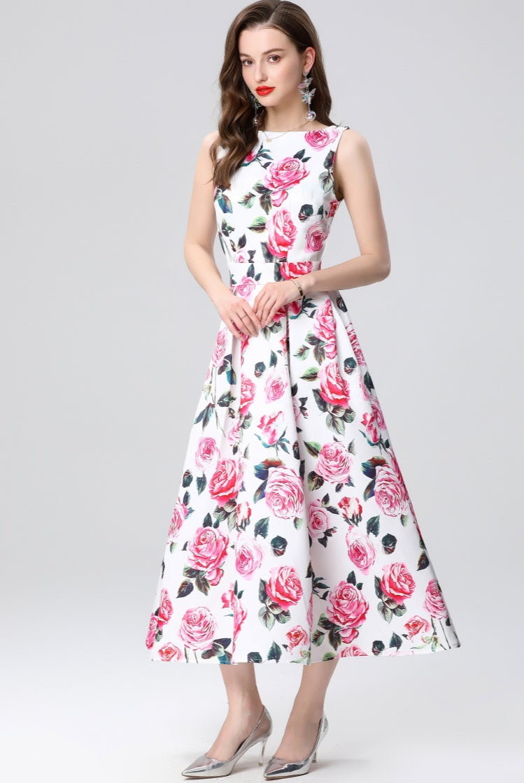 Pink Floral Sleeveless Mid-length Dress