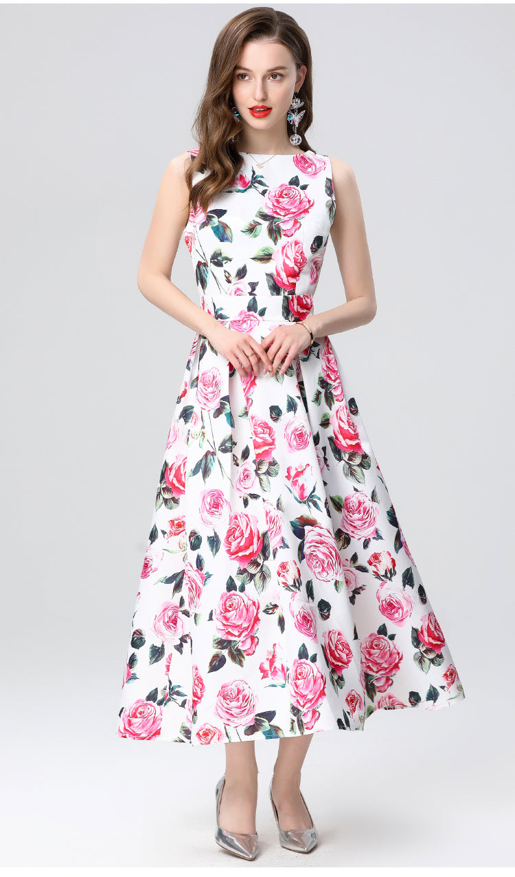 Pink Floral Sleeveless Mid-length Dress