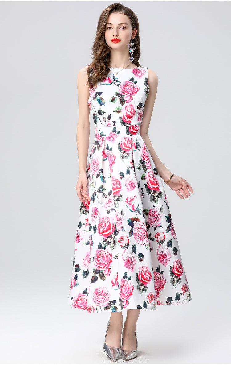 Pink Floral Sleeveless Mid-length Dress