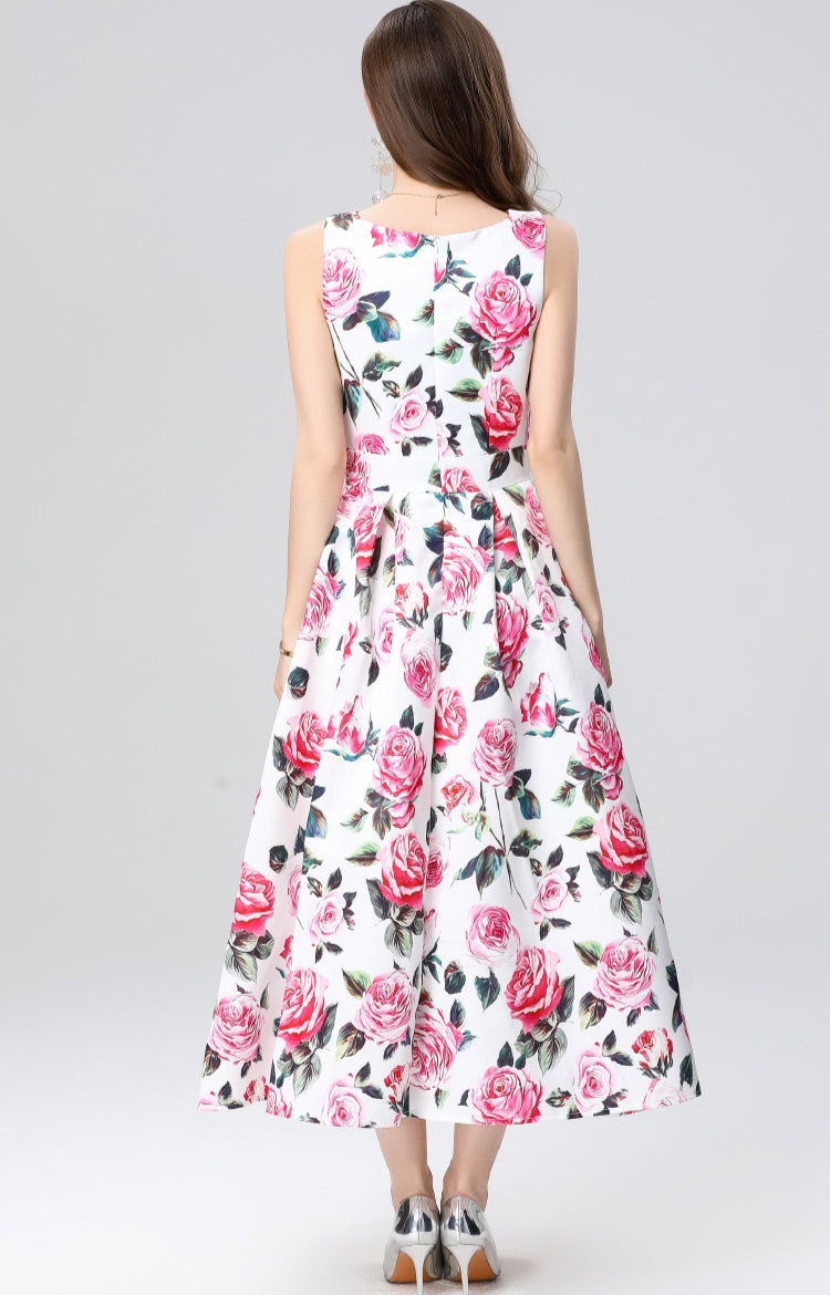 Pink Floral Sleeveless Mid-length Dress