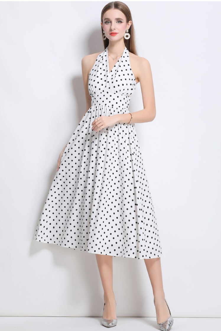 White Halter Neck Polka Dot Dress