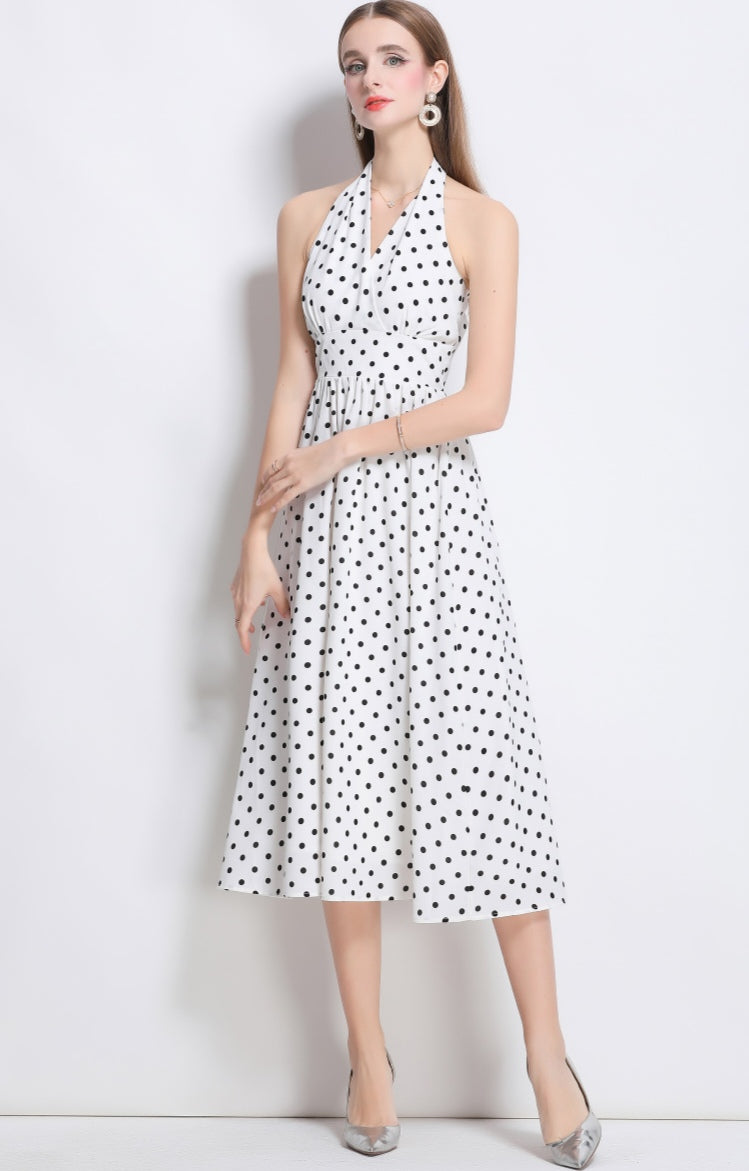 White Halter Neck Polka Dot Dress