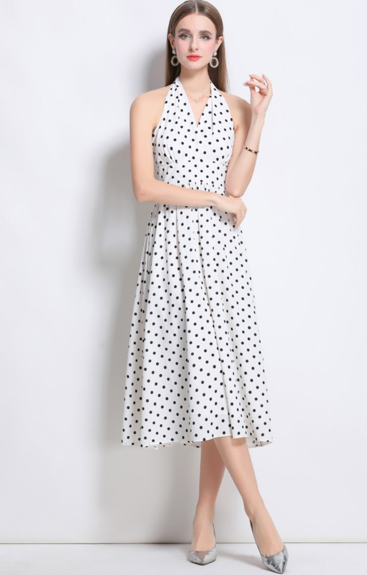 White Halter Neck Polka Dot Dress