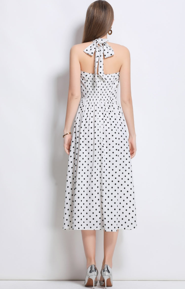 White Halter Neck Polka Dot Dress