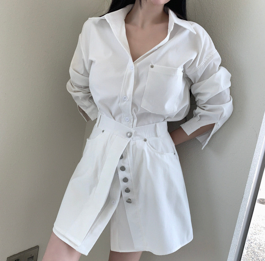 Fake Two-piece Splicing Lapel Long-sleeved Shirt-style Dress