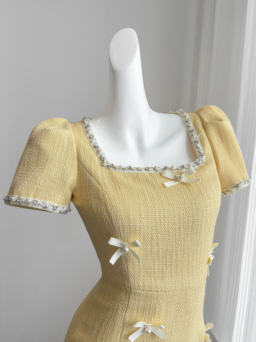 Yellow Square Neck Cotton Tweed Dress