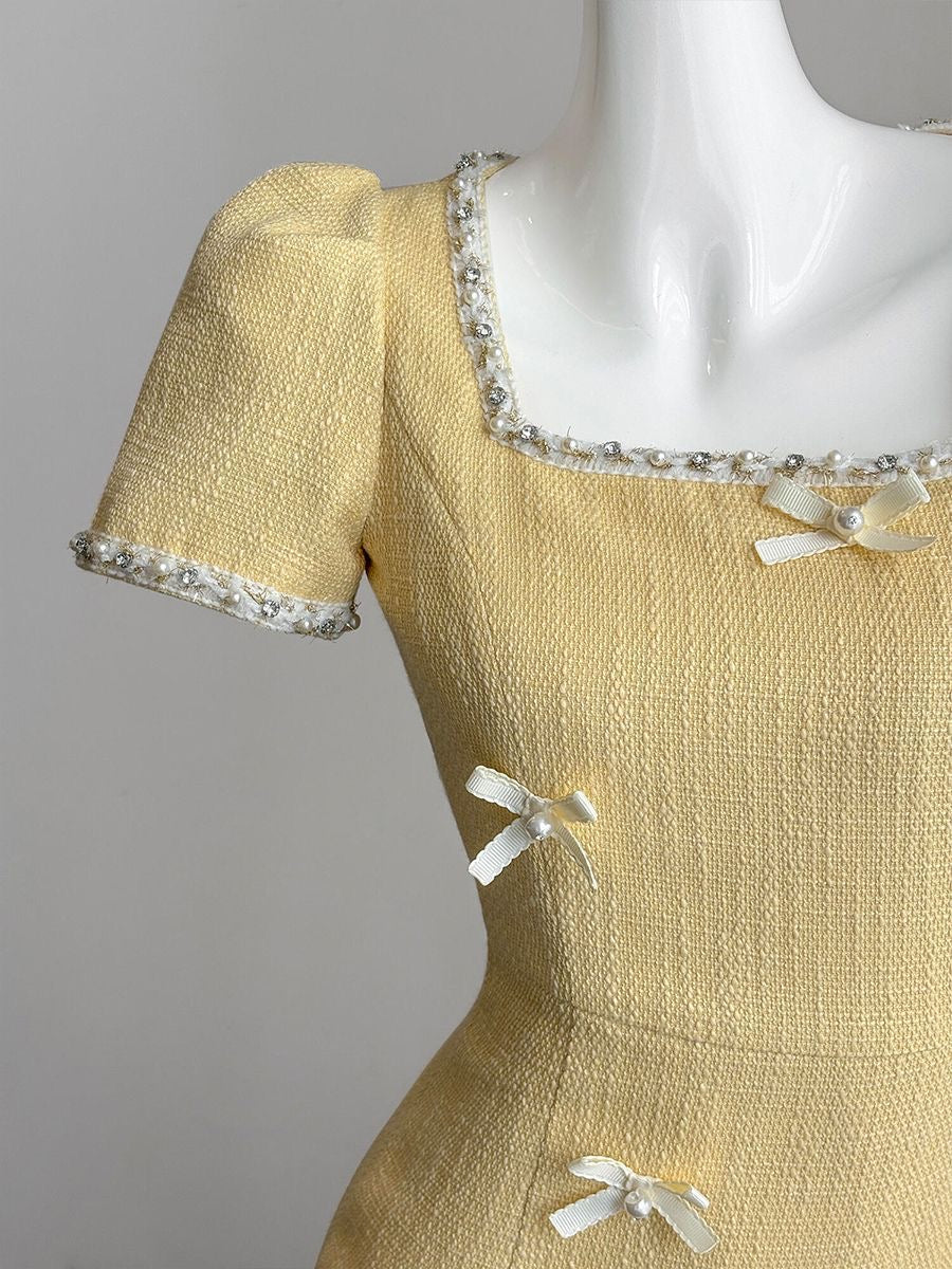 Yellow Square Neck Cotton Tweed Dress