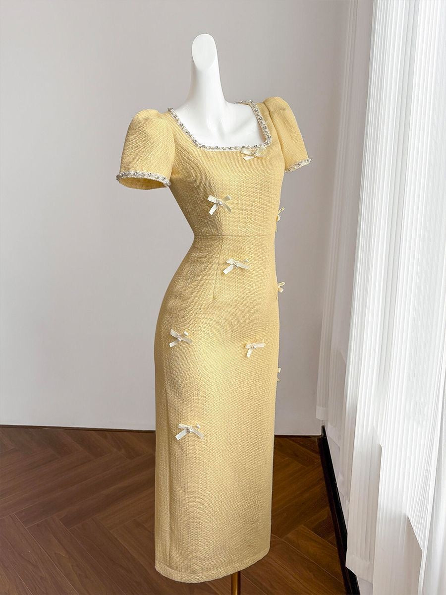 Yellow Square Neck Cotton Tweed Dress