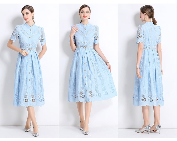 Light Blue Hollow Embroidery Dress