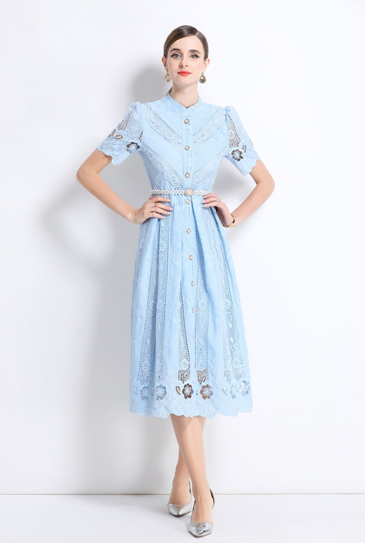 Light Blue Hollow Embroidery Dress