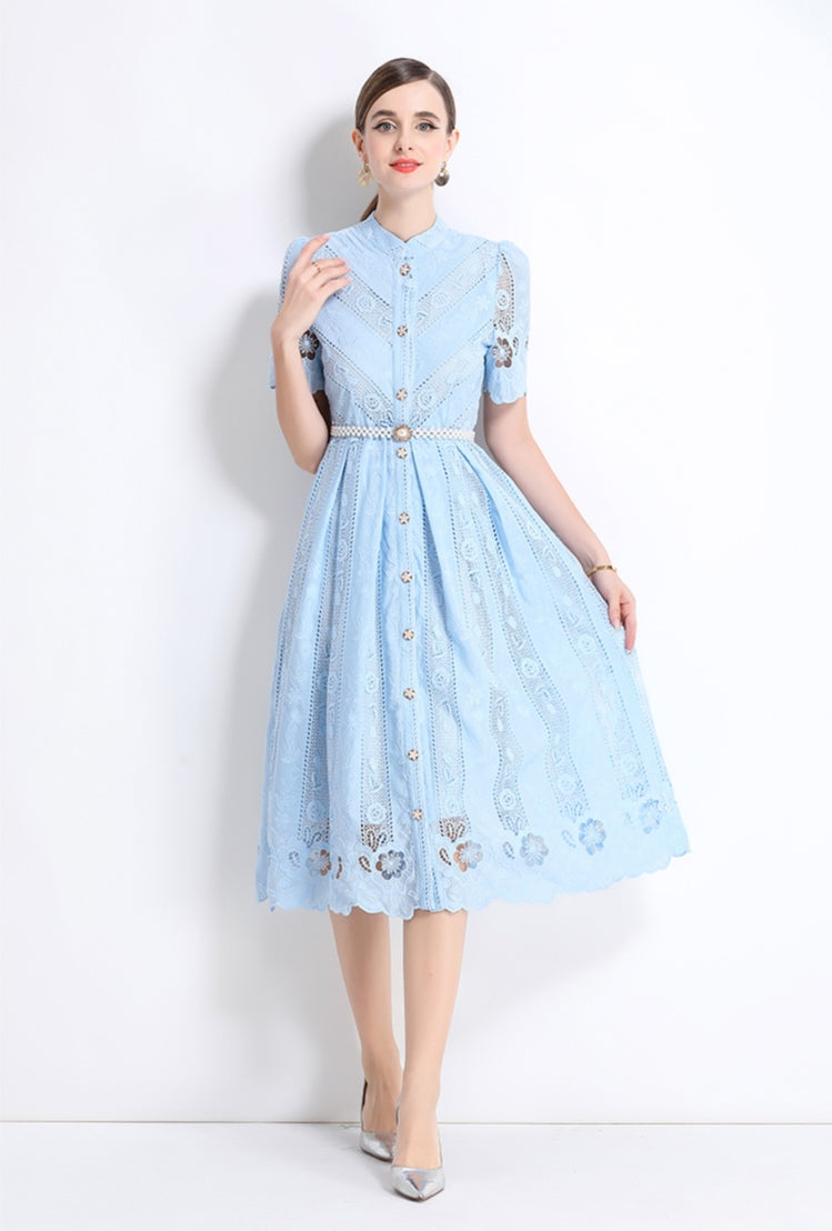 Light Blue Hollow Embroidery Dress