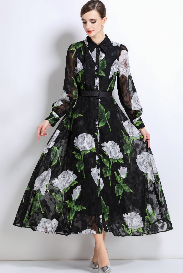Black Floral Maxi Shirt Dress With White Roses