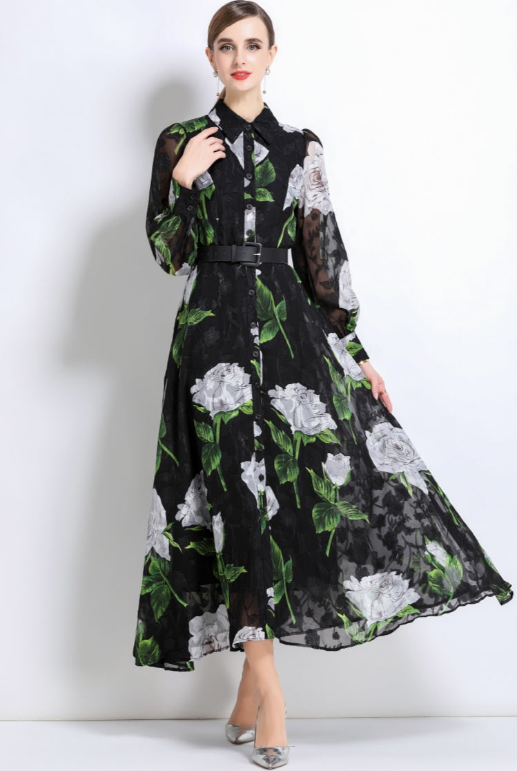 Black Floral Maxi Shirt Dress With White Roses