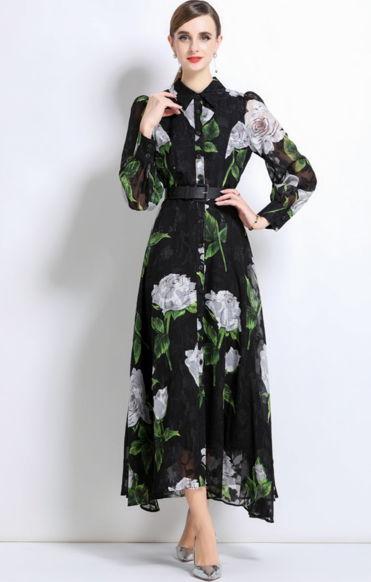 Black Floral Maxi Shirt Dress With White Roses