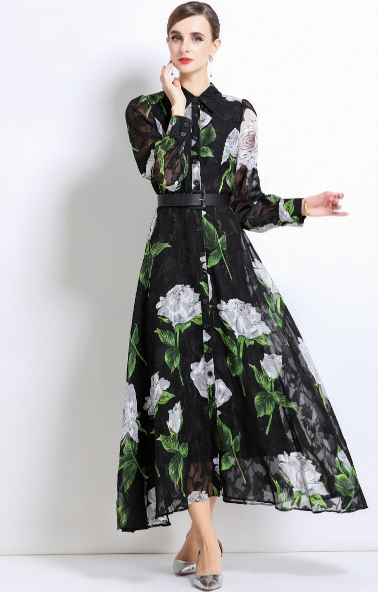 Black Floral Maxi Shirt Dress With White Roses