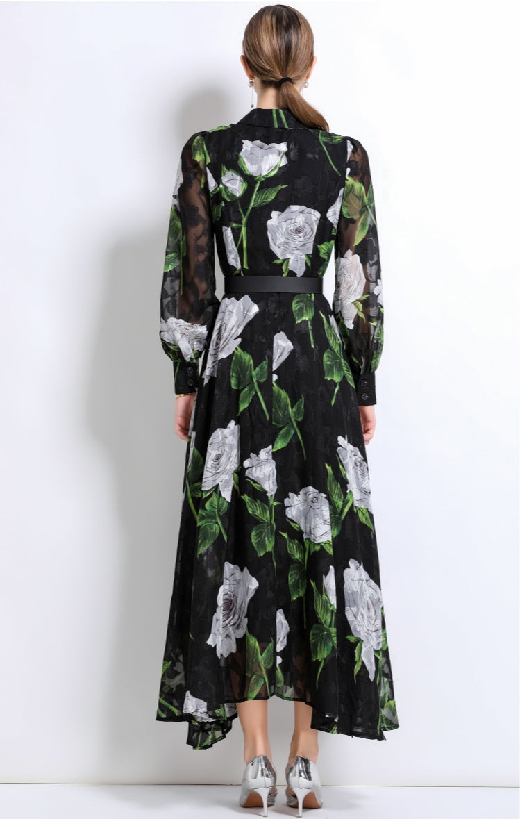 Black Floral Maxi Shirt Dress With White Roses