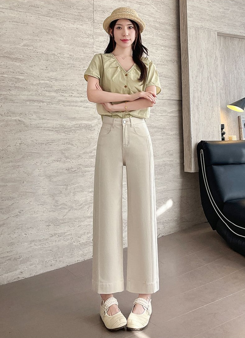 Beige Silk Jeans Drape Loose Elastic Straight Nine-point Trousers