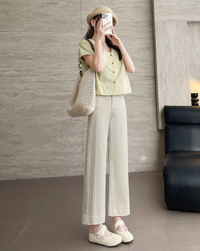 Beige Silk Jeans Drape Loose Elastic Straight Nine-point Trousers