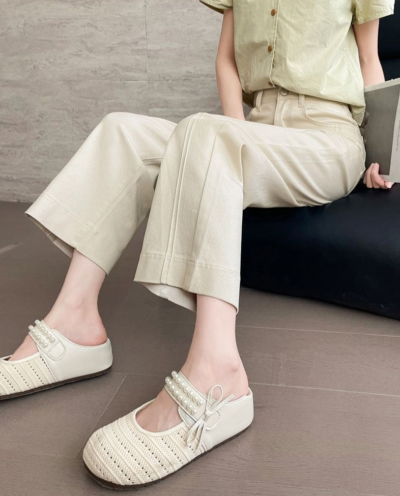Beige Silk Jeans Drape Loose Elastic Straight Nine-point Trousers