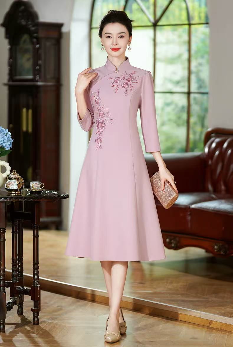 Chinese Qipao Dress with Floral Embroidery