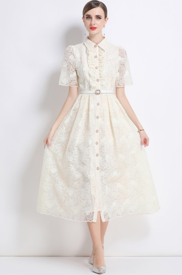 Women's Apricot Lace Shirt Dress with Belt - Elegant A-Line Midi Dress