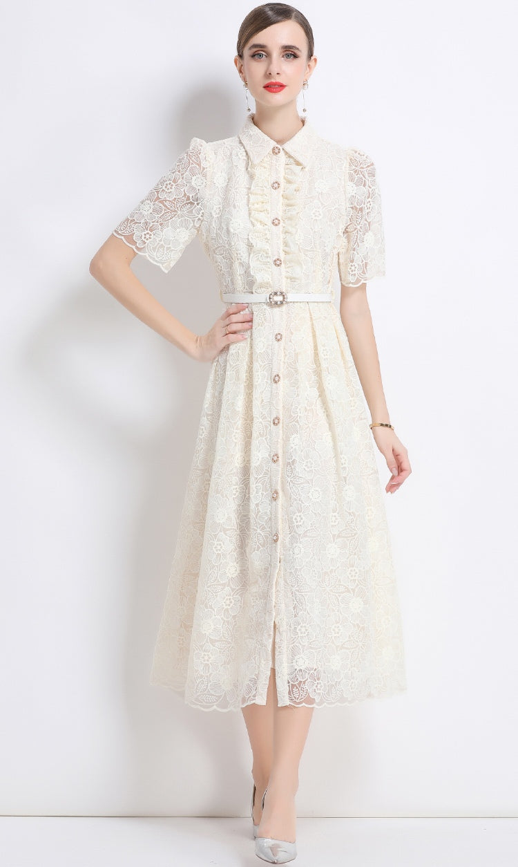 Women's Apricot Lace Shirt Dress with Belt - Elegant A-Line Midi Dress