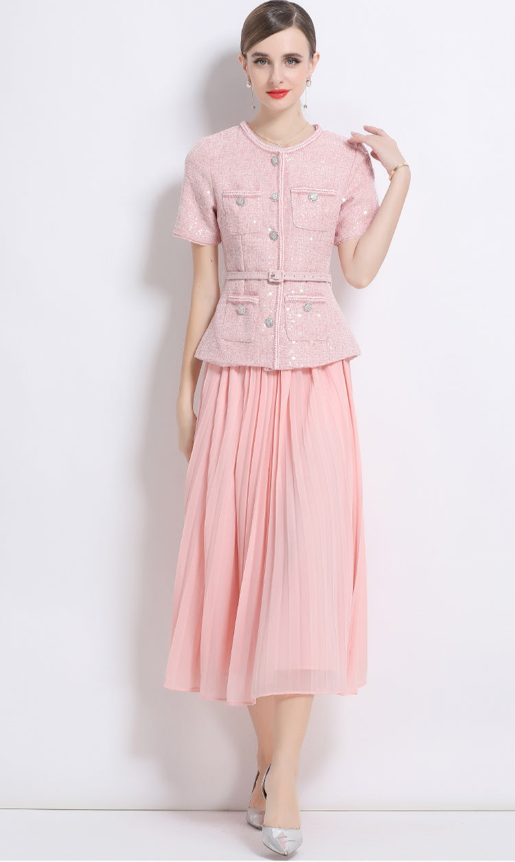 Pink Sequin Tweed Peplum Midi Dress