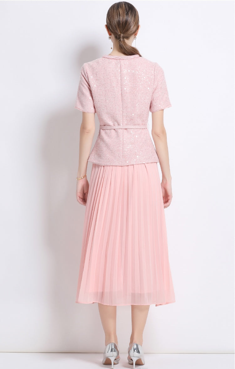 Pink Sequin Tweed Peplum Midi Dress