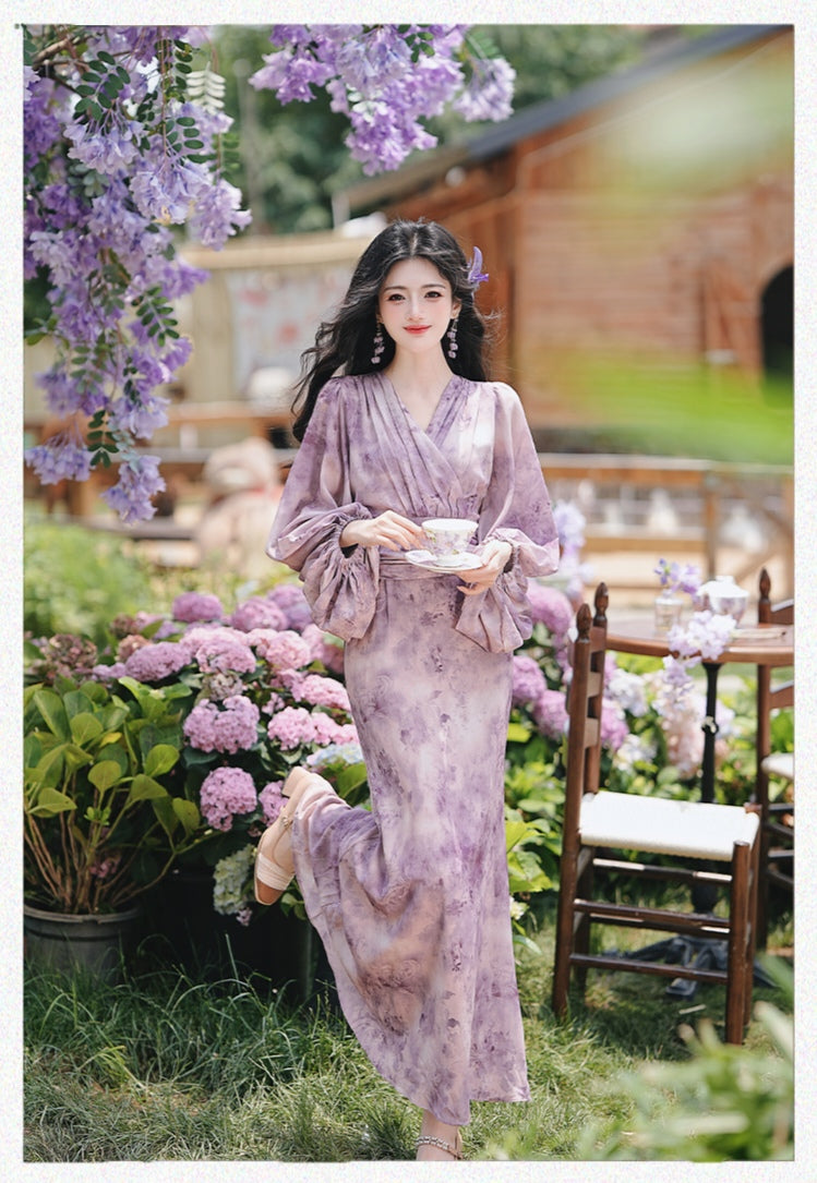 Lavender Floral Print Chiffon Maxi Dress