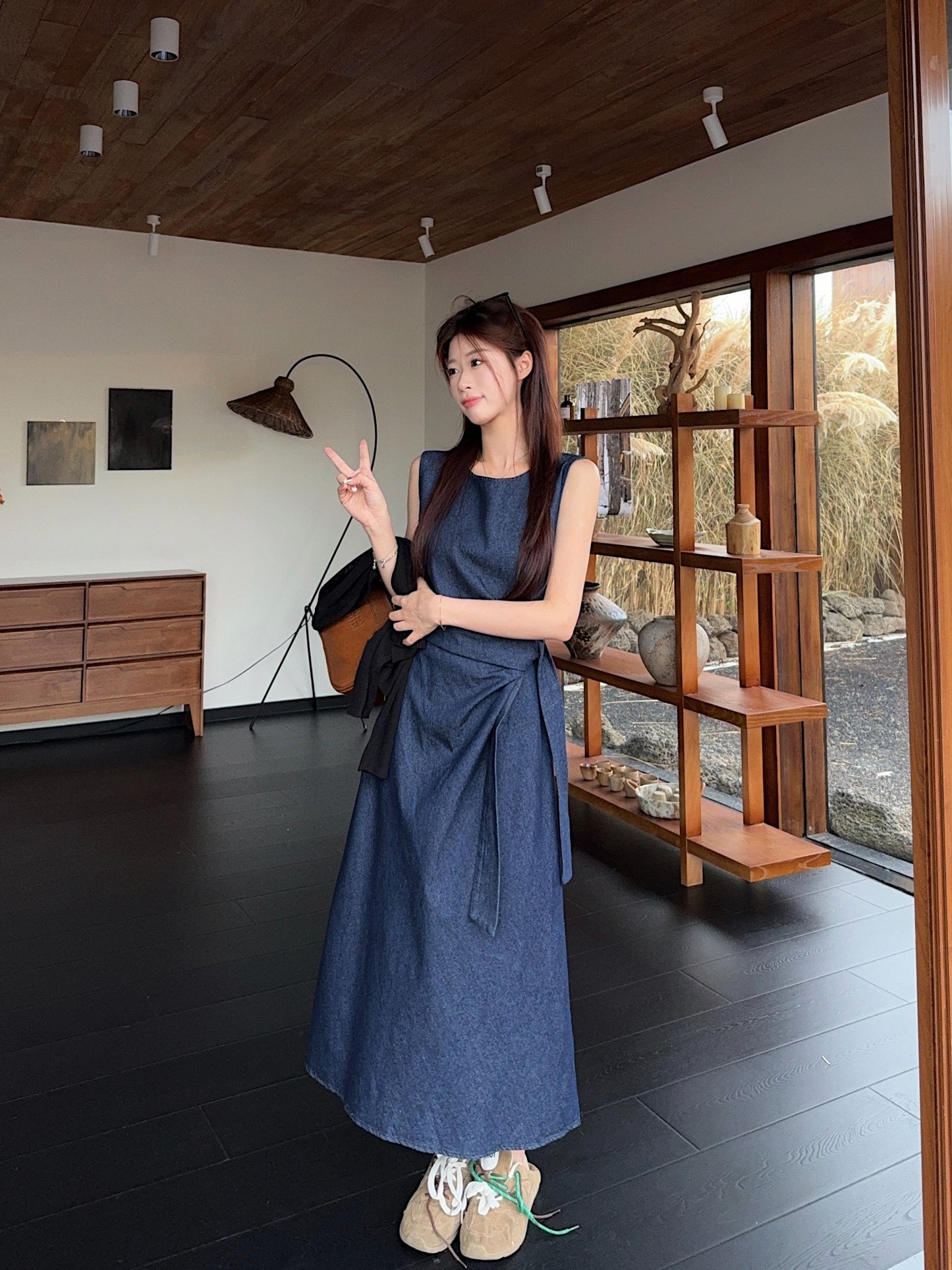 Pleated Blue Denim Dress