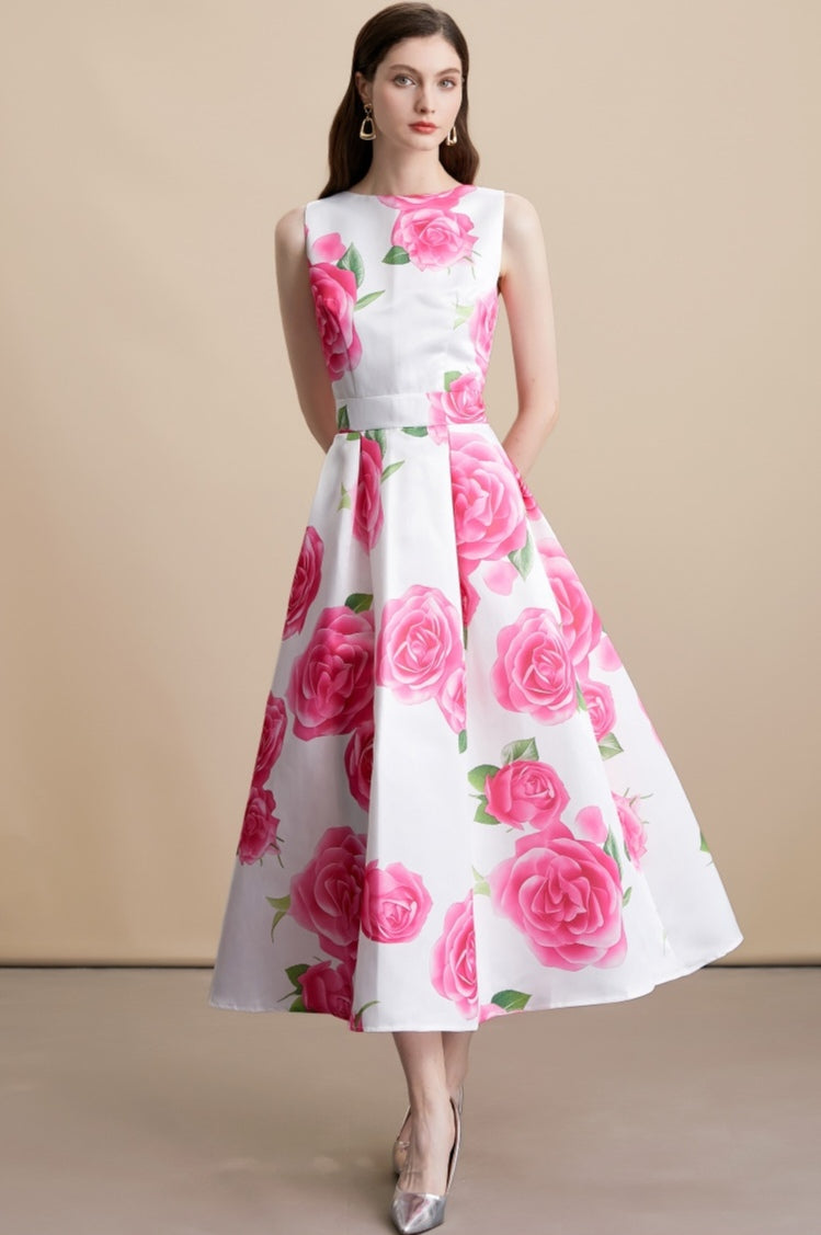 Pink Rose Floral Print Sleeveless A-Line Midi Dress