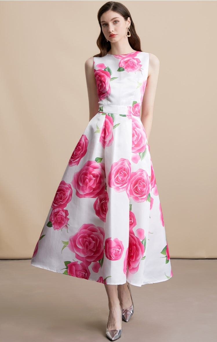 Pink Rose Floral Print Sleeveless A-Line Midi Dress