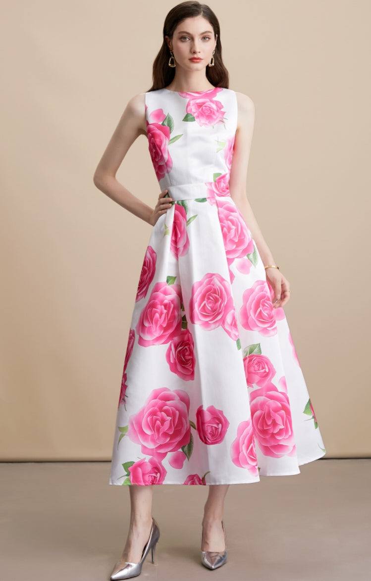 Pink Rose Floral Print Sleeveless A-Line Midi Dress
