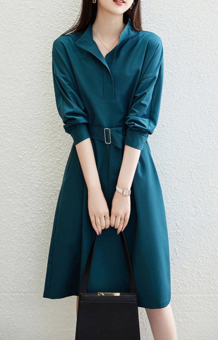 Women's Loose Fit A-Line Shirt Dress with Belt