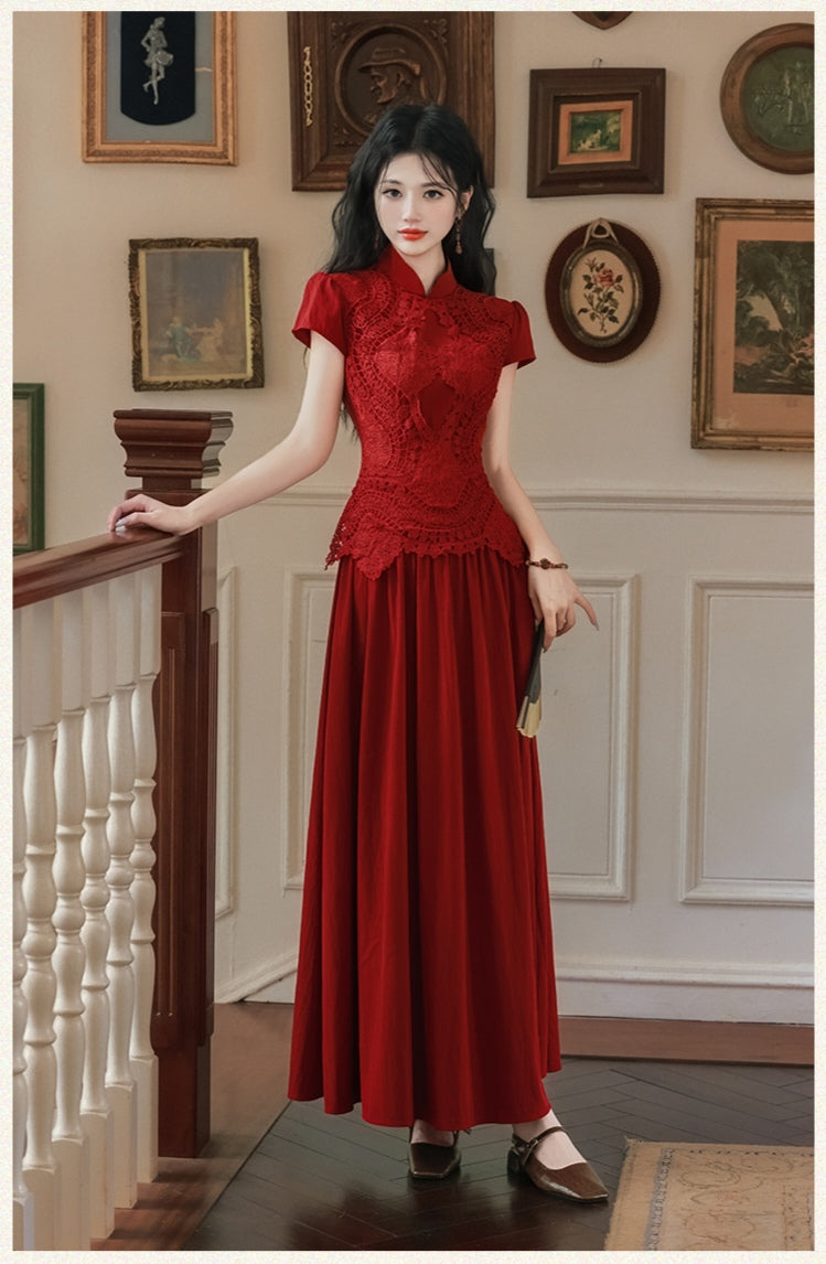 Vintage-Inspired Red Cheongsam with Lace Bodice