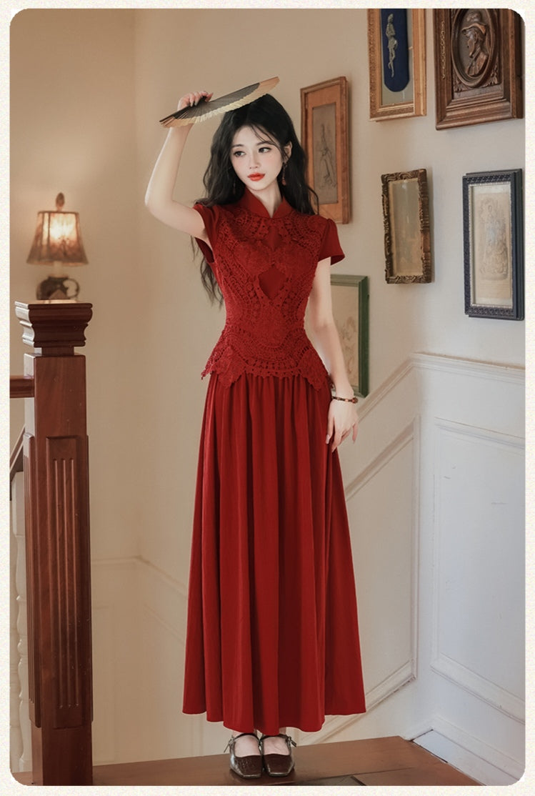 Vintage-Inspired Red Cheongsam with Lace Bodice