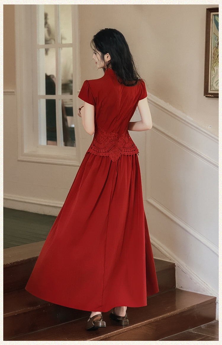Vintage-Inspired Red Cheongsam with Lace Bodice