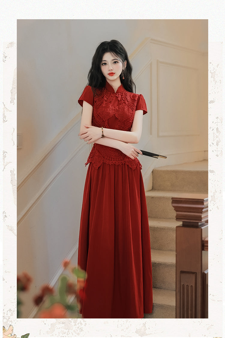 Vintage-Inspired Red Cheongsam with Lace Bodice
